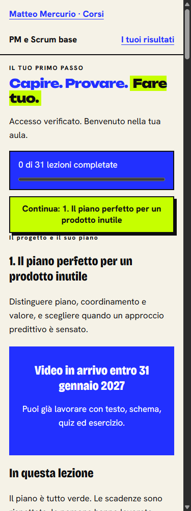 L’aula del corso su telefono: la barra di avanzamento, il pulsante Continua e l’inizio della prima lezione.