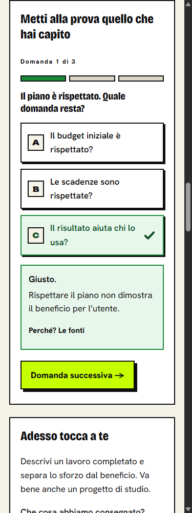 Una domanda del quiz con la risposta giusta evidenziata in verde e la spiegazione sotto.