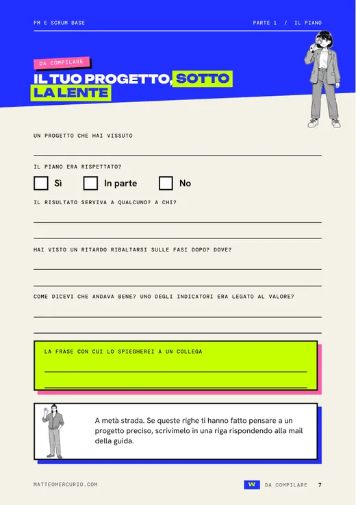 Pagina 7 della guida, da compilare: domande sul progetto che hai vissuto, con righe per rispondere.