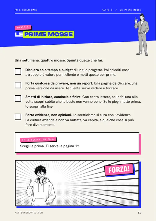 Pagina 11 della guida: le quattro mosse con una casella da spuntare ciascuna.